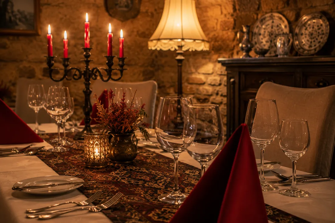 Eingedeckter Tisch bei Kerzenlicht in einem Restaurant mit Natursteinwand: Weingläser, rote Servietten, Kerzenleuchter.